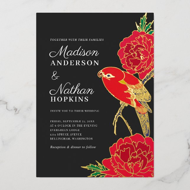 Japanese Ito Jakuchu Wedding Foil Invitation (Front)