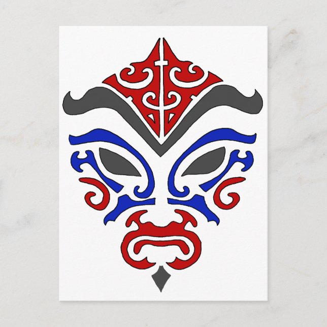 Japanese Kabuki Mask Tribal Red Blue Makeup Postcard (Front)