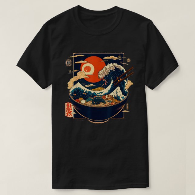Japanese Kanagawa Wave Ramen Graphic Retro Anime T-Shirt (Design Front)