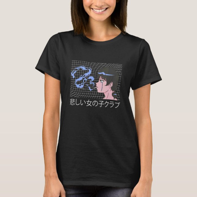 Japanese Kanji Aesthetic Woman smoking sad e girl  T-Shirt (Front)