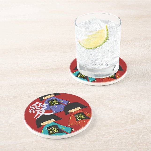 Japanese Kanji Love 3 Asian Cuties Coasters (Side)
