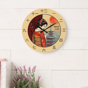 Japanese kanji signs 日本 maiko geisha large clock
