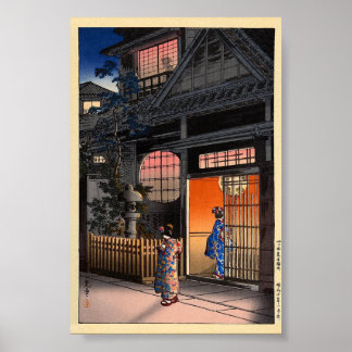 Japanese kasamatsu night village art poster