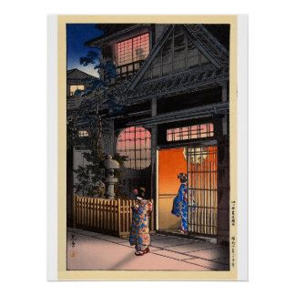 Japanese kasamatsu night village art poster