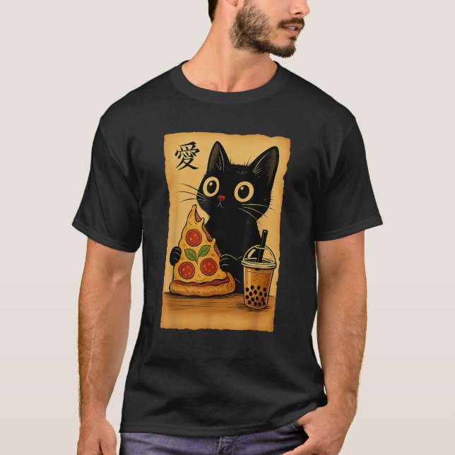 Japanese Kawaii Anime Cat Pizza Booba Tea Cat Eati T-Shirt (Front)