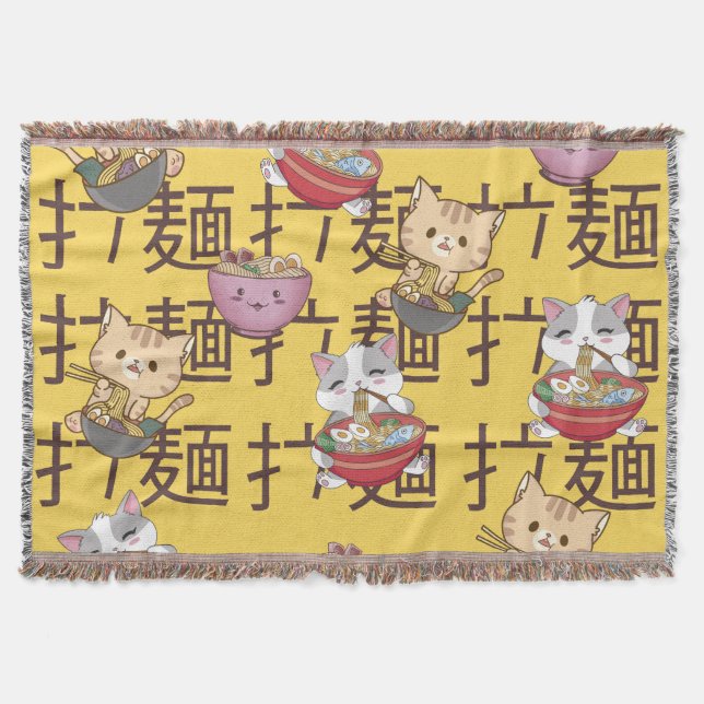 Japanese Kawaii Anime Cat Ramen Noodles Throw Blanket (Front)