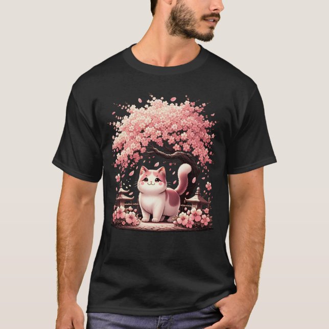 Japanese Kawaii Cat Neko Cherry Blossom Flower T-Shirt (Front)