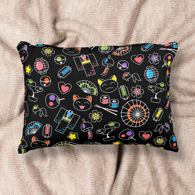 Japanese Kawaii Culture Doodles on Black Decorative Cushion (Creator Uploaded)
