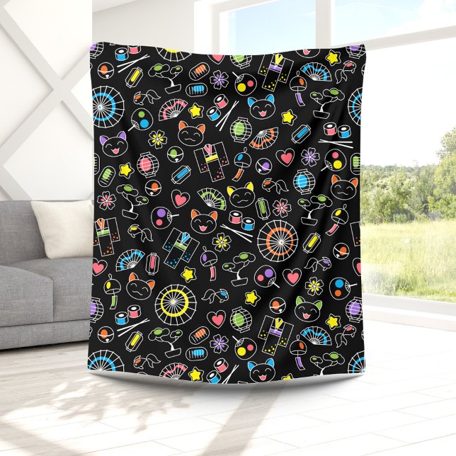 Japanese Kawaii Culture Doodles on Black Fleece Blanket (Creator Uploaded)