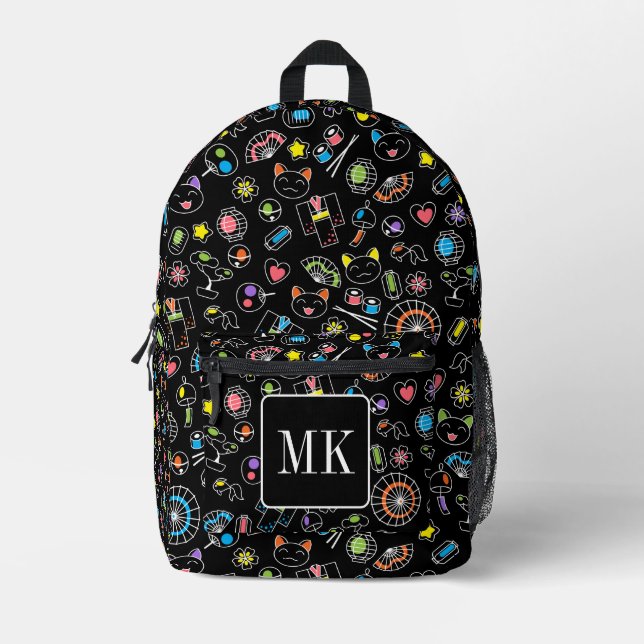 Japanese Kawaii Culture Doodles on Black Monogram Printed Backpack (Front)