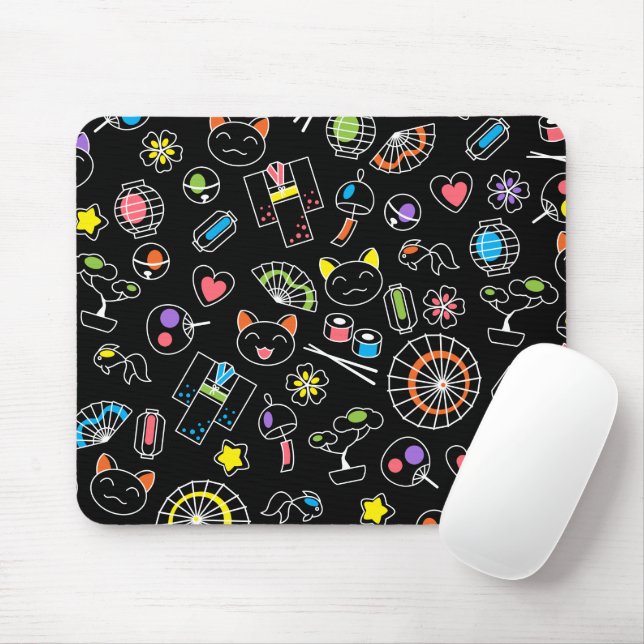 Japanese Kawaii Culture Doodles on Black Mouse Mat (With Mouse)