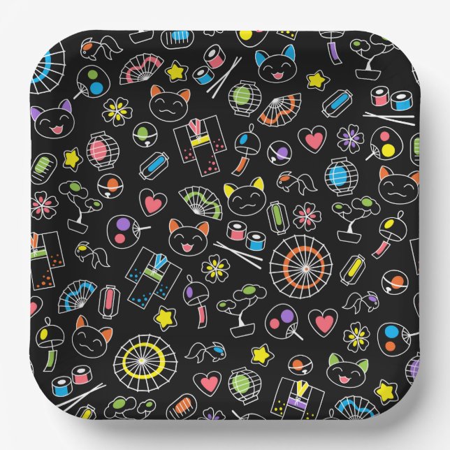 Japanese Kawaii Culture Doodles on Black Paper Plate (Front)