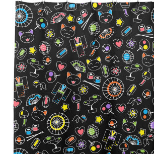 Japanese Kawaii Culture Doodles on Black Shower Curtain