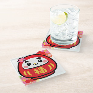 Japanese Kawaii Daruma Glass Coaster