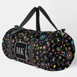 Japanese Kawaii Doodles on Black Monogram Initials Duffle Bag