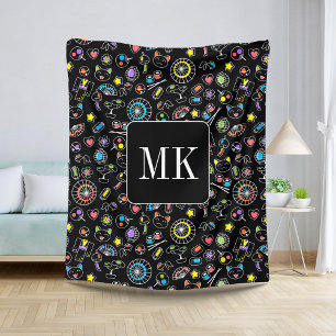 Japanese Kawaii Doodles on Black Monogram Initials Sherpa Blanket