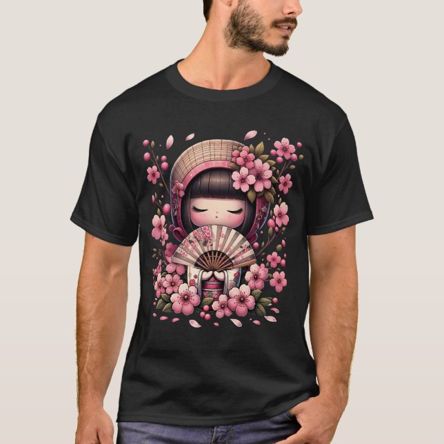 Japanese Kawaii Kokeshi Doll Cherry Blossom T-Shirt (Front)