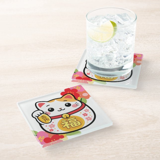 Japanese Kawaii Maneki Glass Coaster (Angled)
