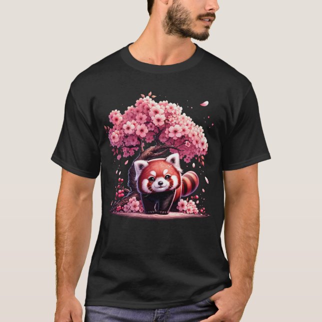 Japanese Kawaii Red Panda Cherry Blossom Flower T-Shirt (Front)