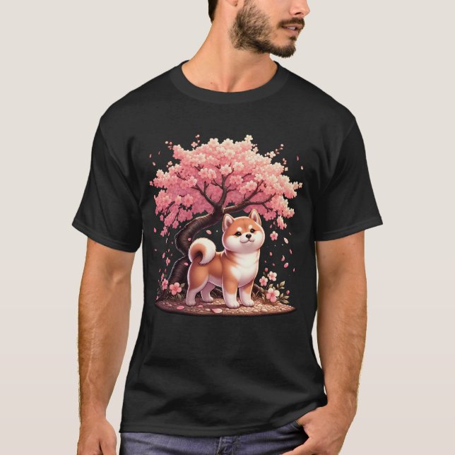 Japanese Kawaii Shiba Inu Dog Cherry Blossom T-Shirt (Front)
