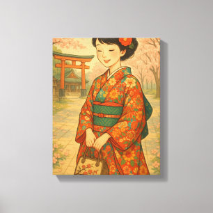 Japanese Kimono and Cherry Blossoms Canvas Print