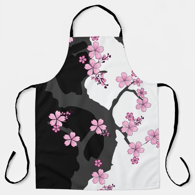 Japanese Kimono Black and White Pink Sakura Apron (Front)
