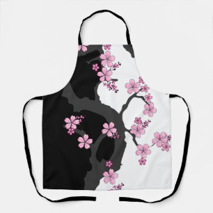 Japanese Kimono Black and White Pink Sakura Apron