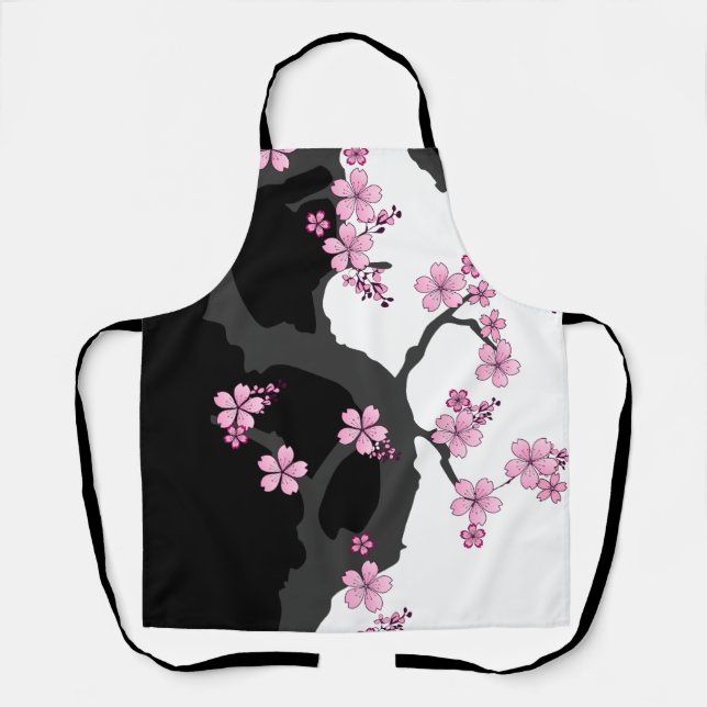 Japanese Kimono Black and White Pink Sakura Apron (Front)