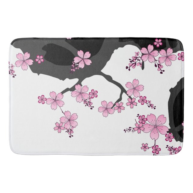 Japanese Kimono Black and White Pink Sakura Bath Mat (Front)