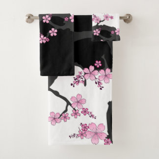 Japanese Kimono Black and White Pink Sakura Bath Towel Set