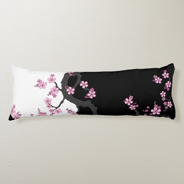 Japanese Kimono Black and White Pink Sakura Body Cushion (Front)