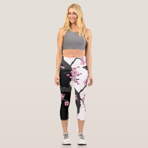 Japanese Kimono Black and White Pink Sakura Capri Leggings