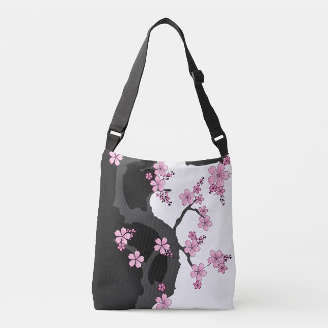 Japanese Kimono Black and White Pink Sakura Crossbody Bag (Front)