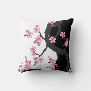 Japanese Kimono Black and White Pink Sakura Cushion