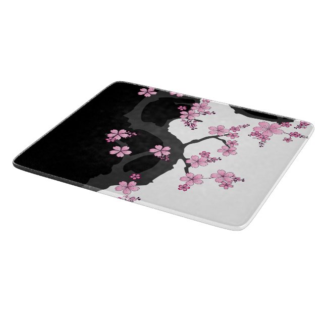 Japanese Kimono Black and White Pink Sakura Cutting Board (Corner)