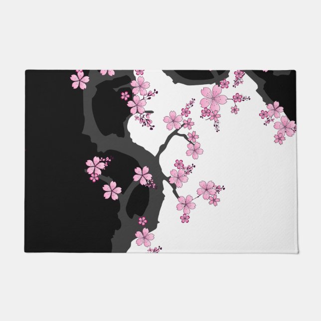 Japanese Kimono Black and White Pink Sakura Doormat (Front)