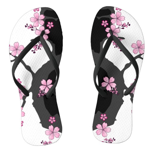 Japanese Kimono Black and White Pink Sakura Flip Flops (Footbed)