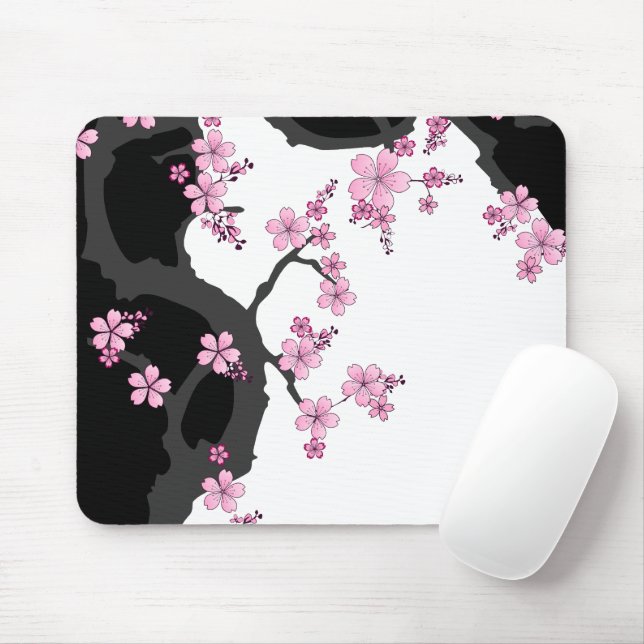 Japanese Kimono Black and White Pink Sakura Mouse Mat (With Mouse)