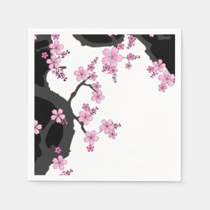 Japanese Kimono Black and White Pink Sakura Napkin