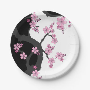 Japanese Kimono Black and White Pink Sakura Paper Plate