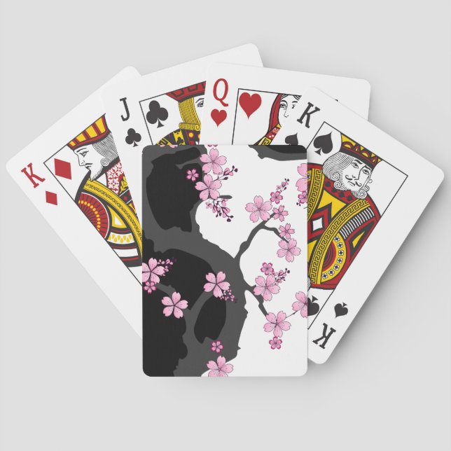 Japanese Kimono Black and White Pink Sakura Playing Cards (Back)