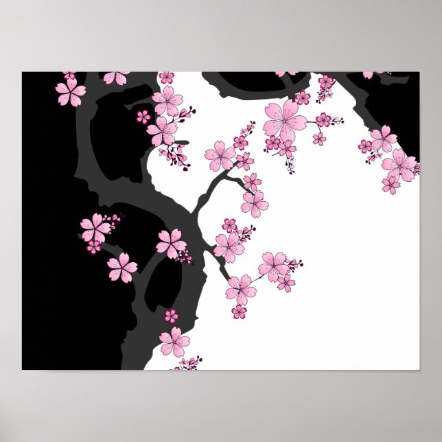 Japanese Kimono Black and White Pink Sakura Poster (Front)
