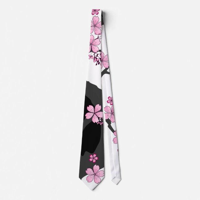 Japanese Kimono Black and White Pink Sakura Tie (Front)