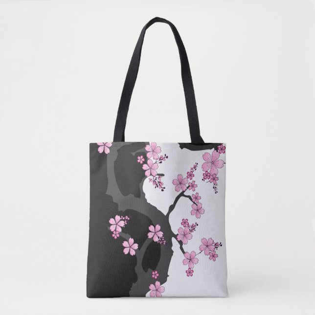 Japanese Kimono Black and White Pink Sakura Tote Bag (Front)