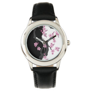 Japanese Kimono Black and White Pink Sakura Watch