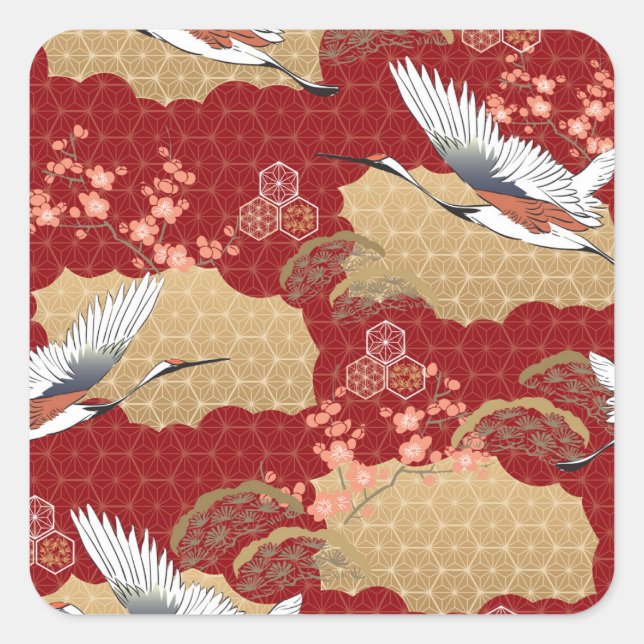 Japanese Kimono Cherry Blossoms Square Sticker (Front)