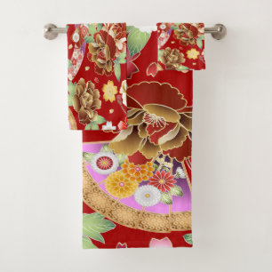 Japanese Kimono Design Cute Colourful Flowers Bath Towel Set