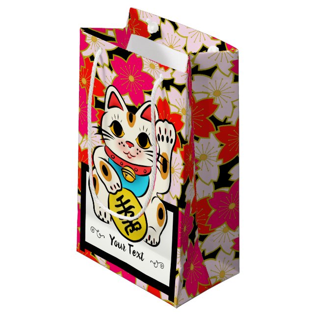 Japanese Kimono pattern Gift bag SAKURA Maneki Nek (Front Angled)
