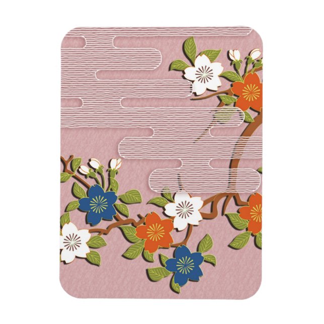 Japanese kimono pattern - mist and cherry blossoms magnet (Vertical)