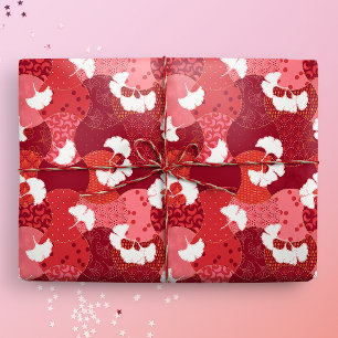 Japanese Kimono Pattern Red Ginkgo Patchwork Wrapping Paper